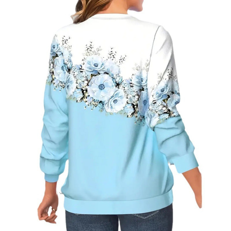 Women's 3D Floral Print Long Sleeve Pullover Sweatshirt