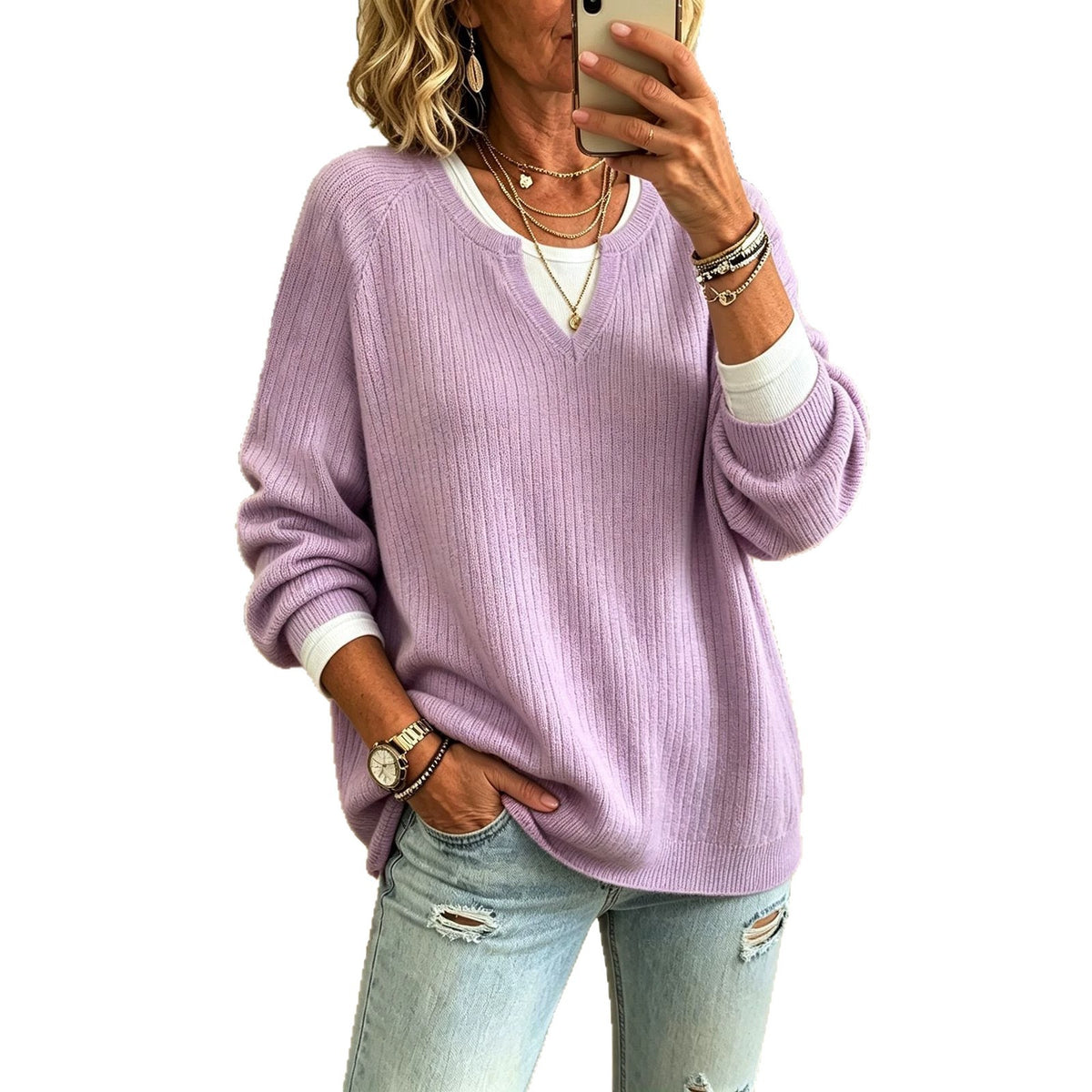 Everyday Casual Raglan-sleeve V-neck Warm Sweater