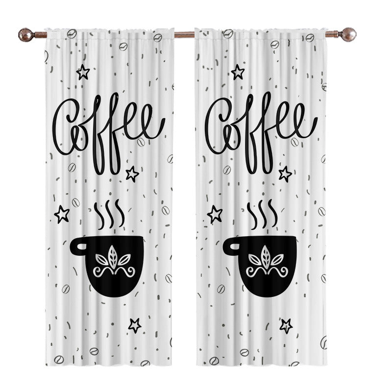 Black and White Cartoon Coffee Painting Digital Printing Curtain