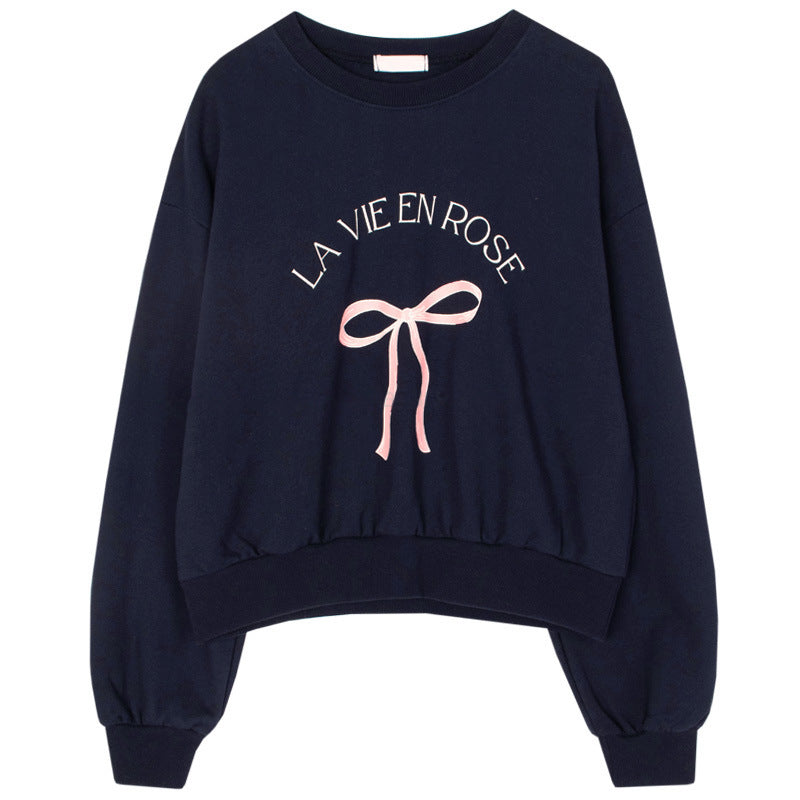 Chic Bowknot Print Loose Cotton Sweatshirt for Women