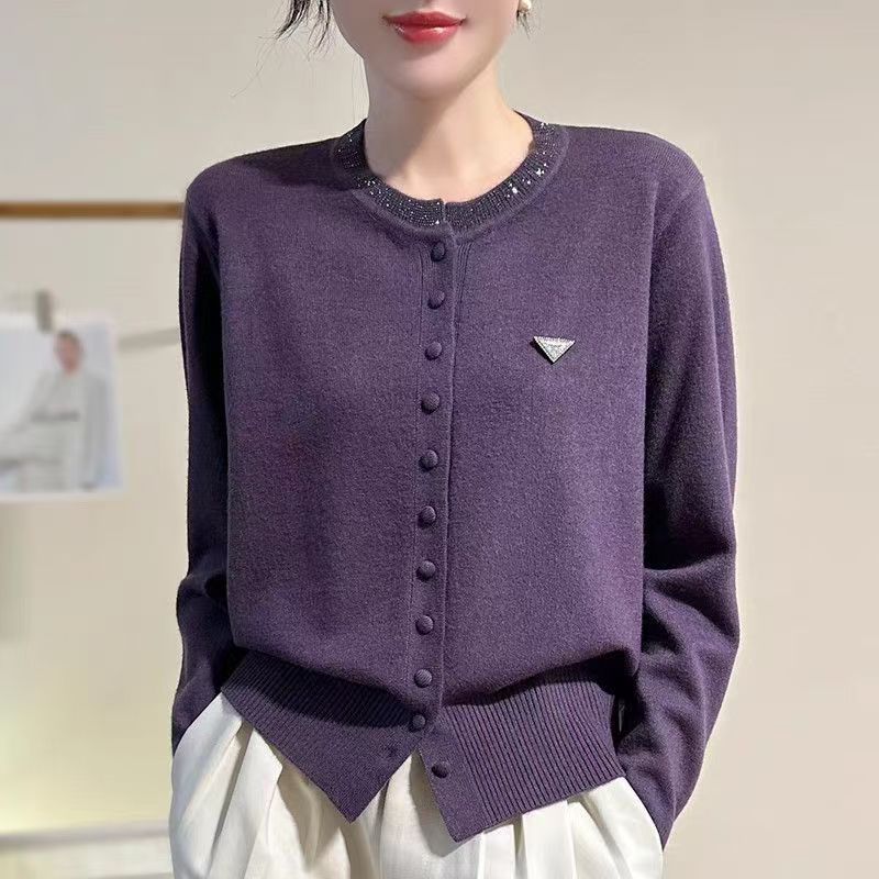 Womens Round-neck, Diamond-embellished, Solid-colored Knit Cardigan