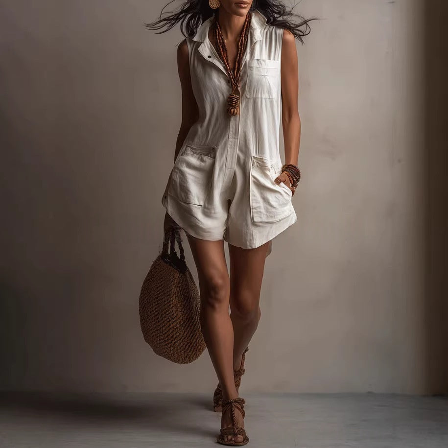 Women's Sleeveless Utility Romper with Pockets