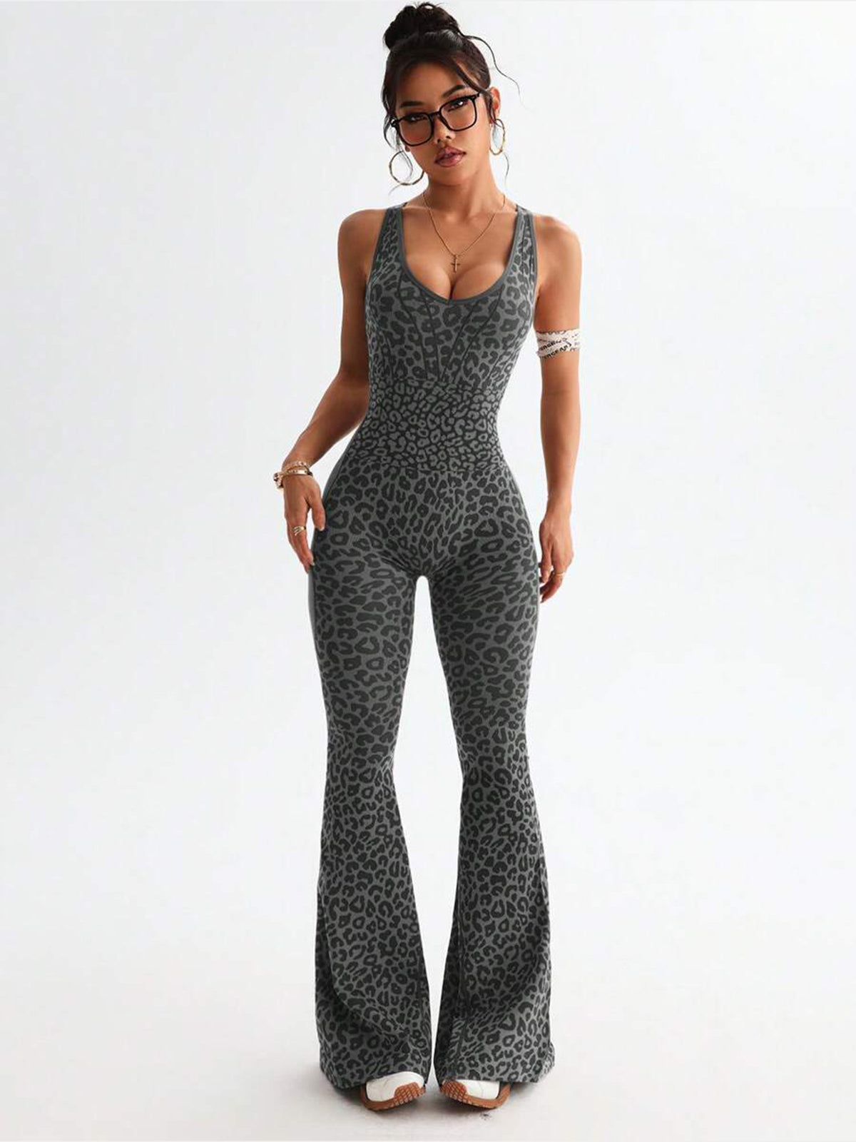 Women's Leopard Print Crisscross Back Seamless One-Piece Yoga Jumpsuit For Fitness & Sports