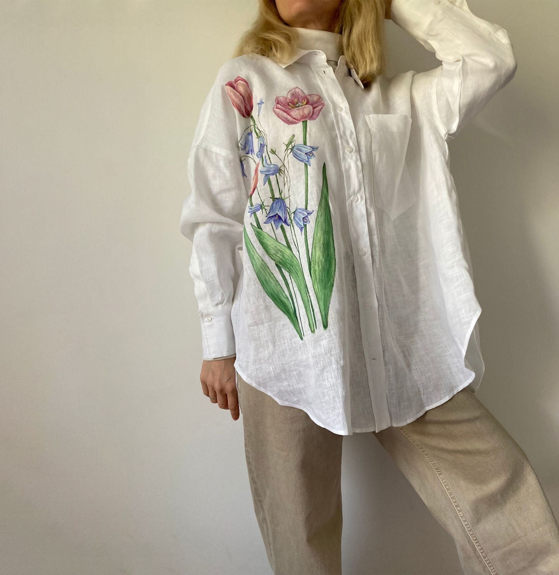Three-dimensional Hand Crochet Knitted White Flower Printed Cotton And Linen Shirt