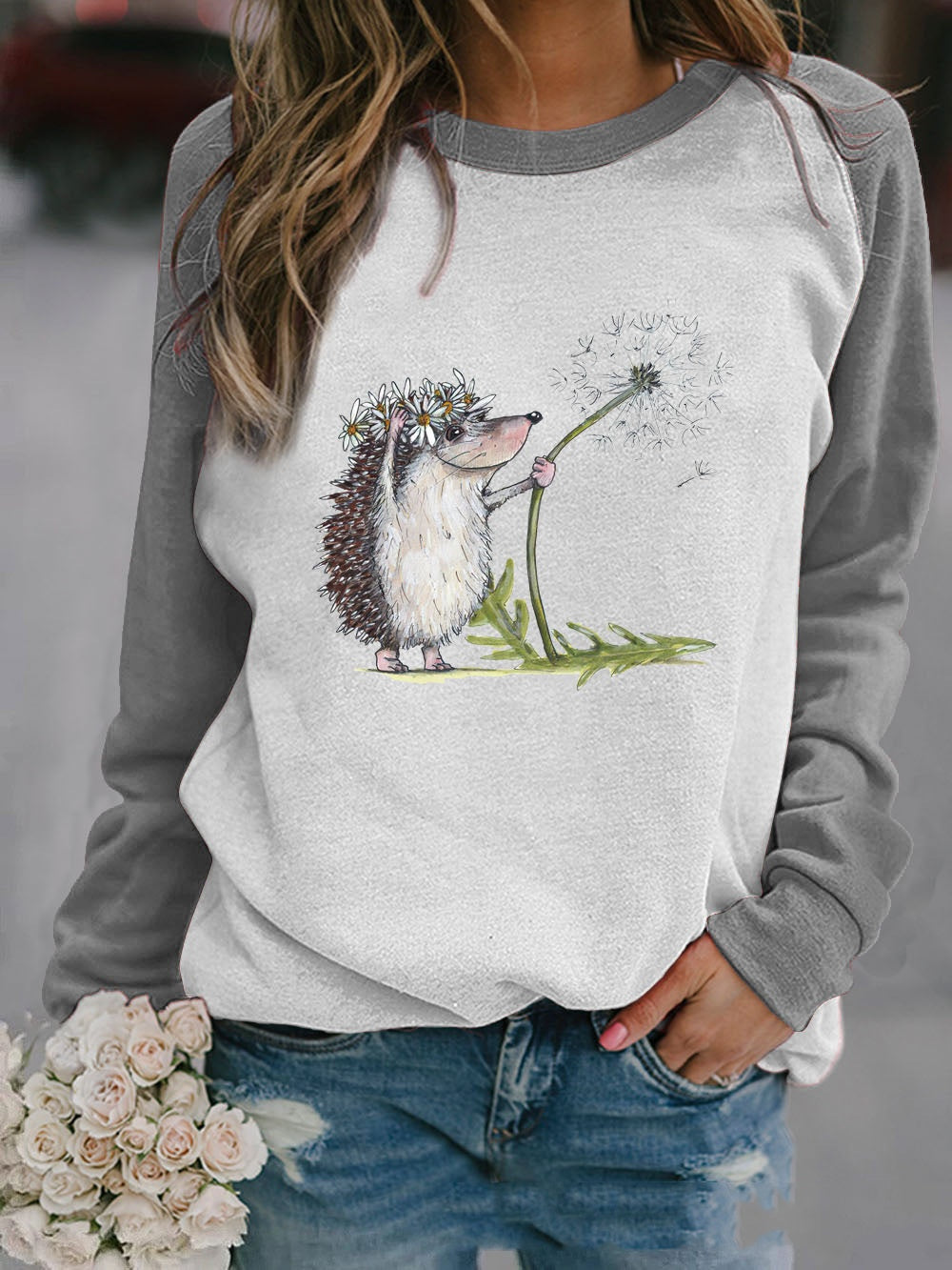 Cute Animal Print Raglan Long-Sleeve Sweatshirt