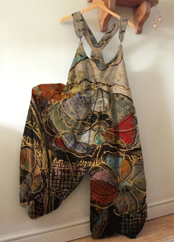 Bohemian Style Colorful Patchwork Overalls Wide-leg Jumpsuit For Women