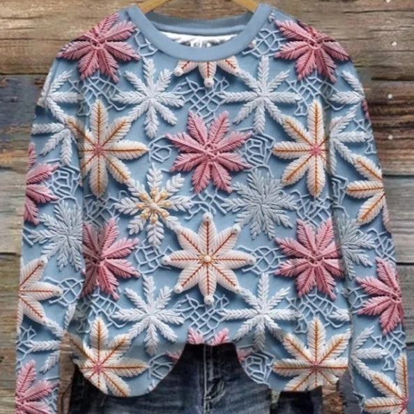 Women's Printed Round Neck Autumn Winter Pullover Sweater Top