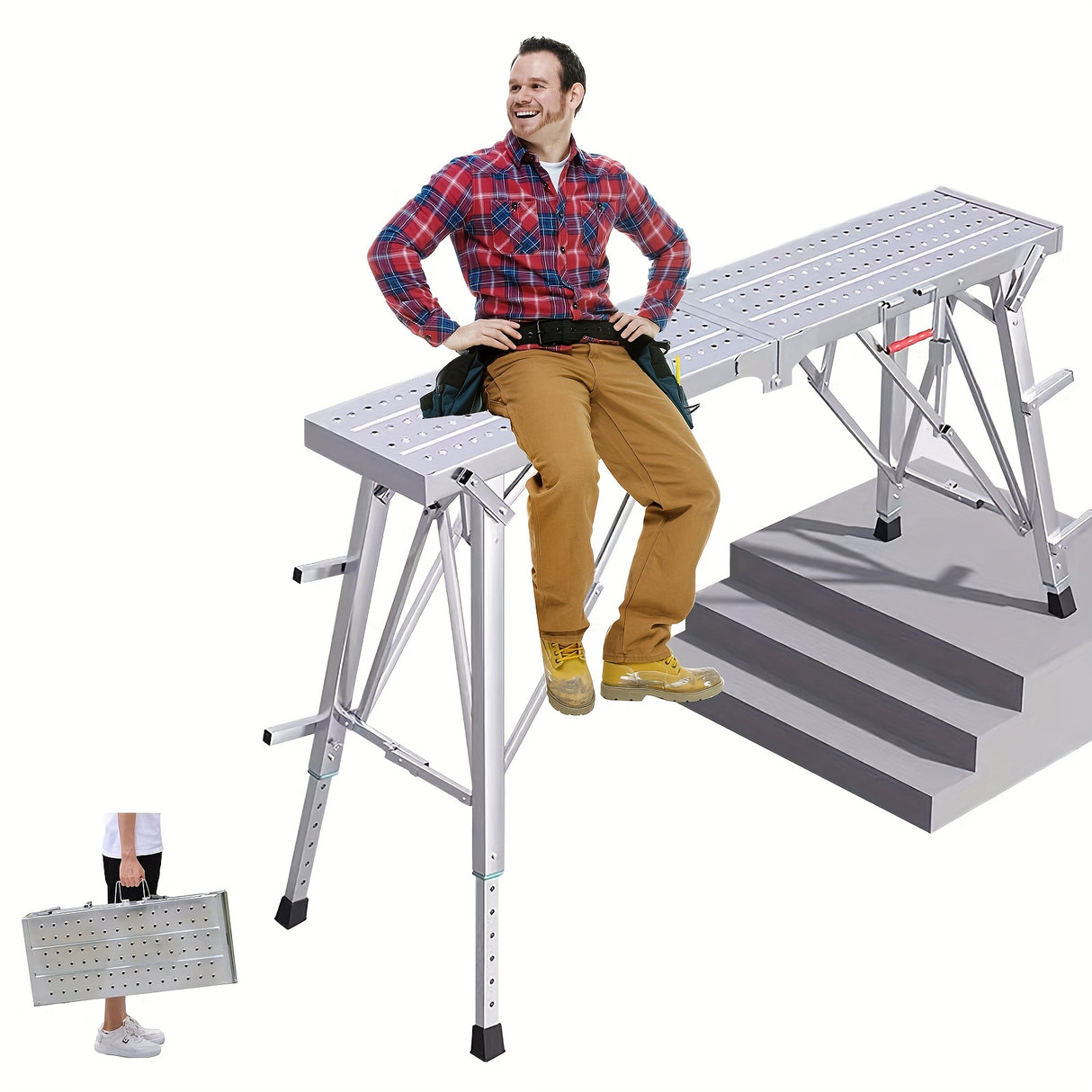Work Platform Adjustable Folding Scaffolding Portable Step Ladder Height Drywall Bench Heavy Duty Load Capacity 800Lbs for RV Cleaning Painting Car Washing Decorating