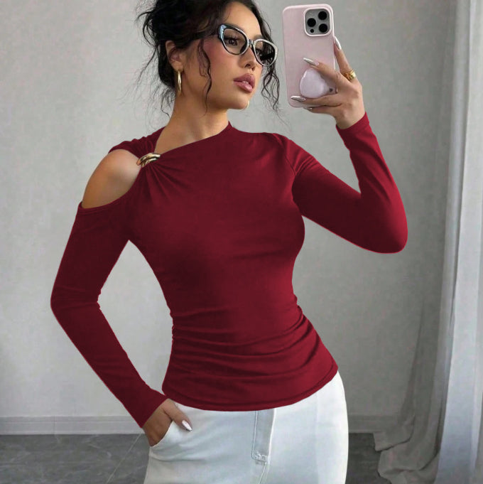 Slim-Fit Off-Shoulder Metal‑Decorated Long‑Sleeve Top