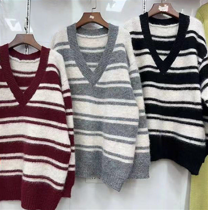 Korean Style Retro V-neck Striped Loose Sweater