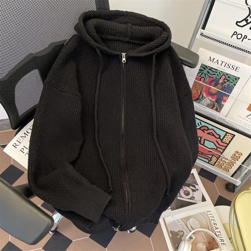 American Retro Simple Solid Color Hooded Sweater Women's Loose