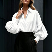 White Puff-Sleeve Shirt Womens Loose-Fit French-Style Commuter Long-Sleeve Top