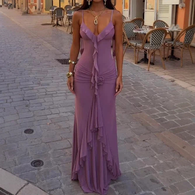 Purple Deep V Ruffle 3d Flower Spaghetti Strap Mermaid Maxi Dress