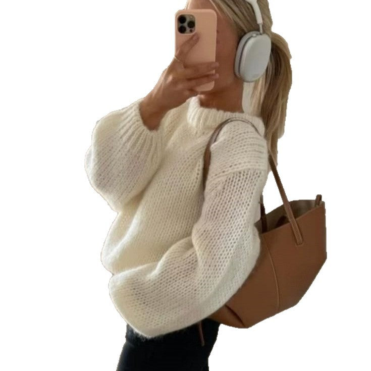 Women's Solid Color Round Neck Loose Casual Knitted Sweater
