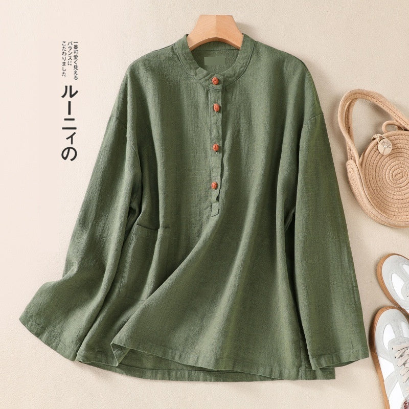 Spring And Autumn Artistic Stand-up Collar Color Matching Buckle Pullover Women's Cotton And Linen Shirt