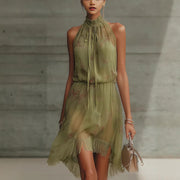 V-neck Waist Trimming Ruffles Elegant Dress