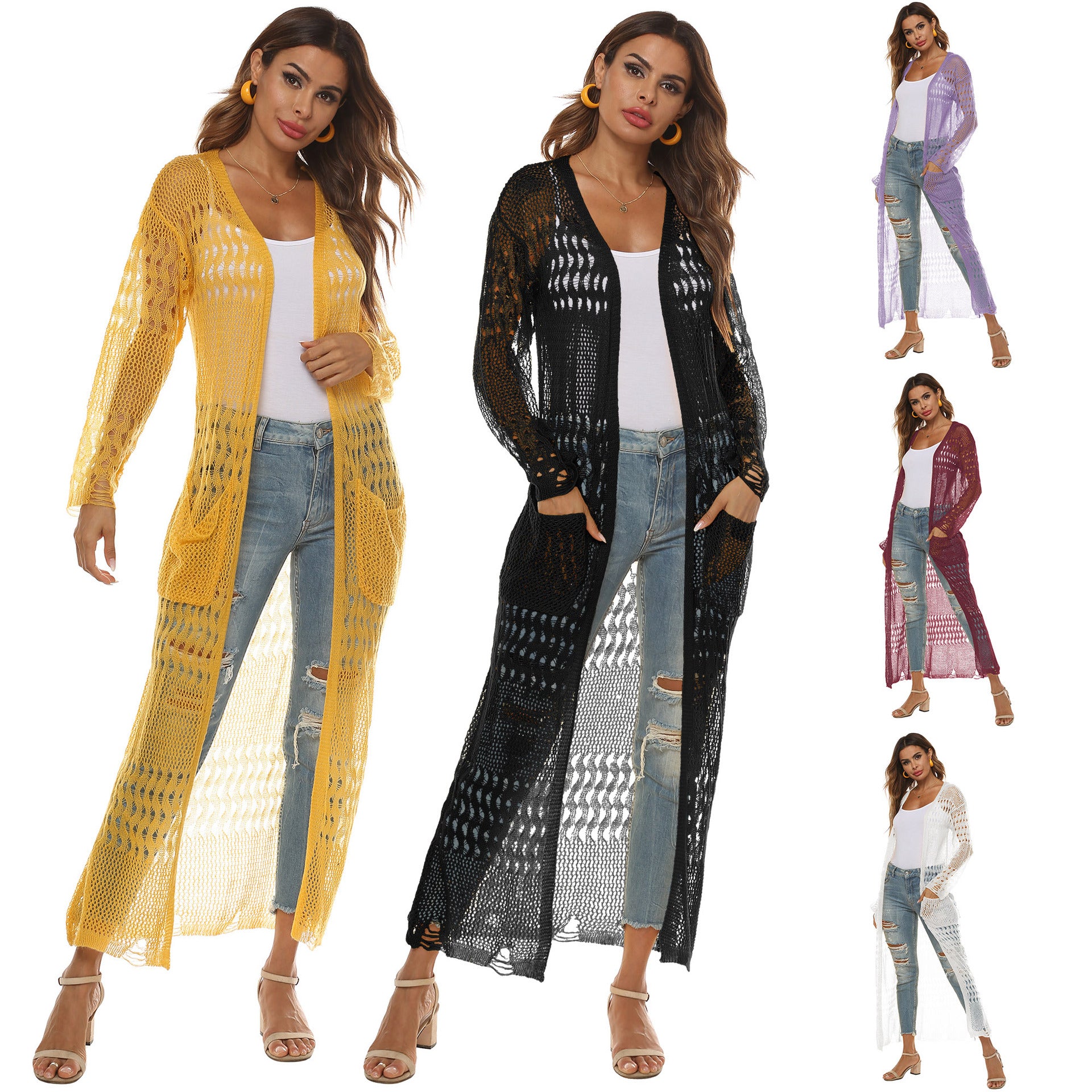 Women's Thin Woven Sweater Sheer Cutout Long