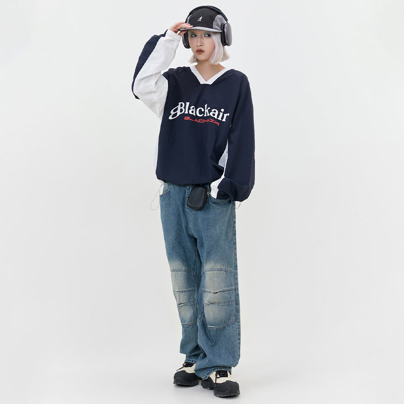 Contrast Color V-Neck Couple Pullover Hoodie