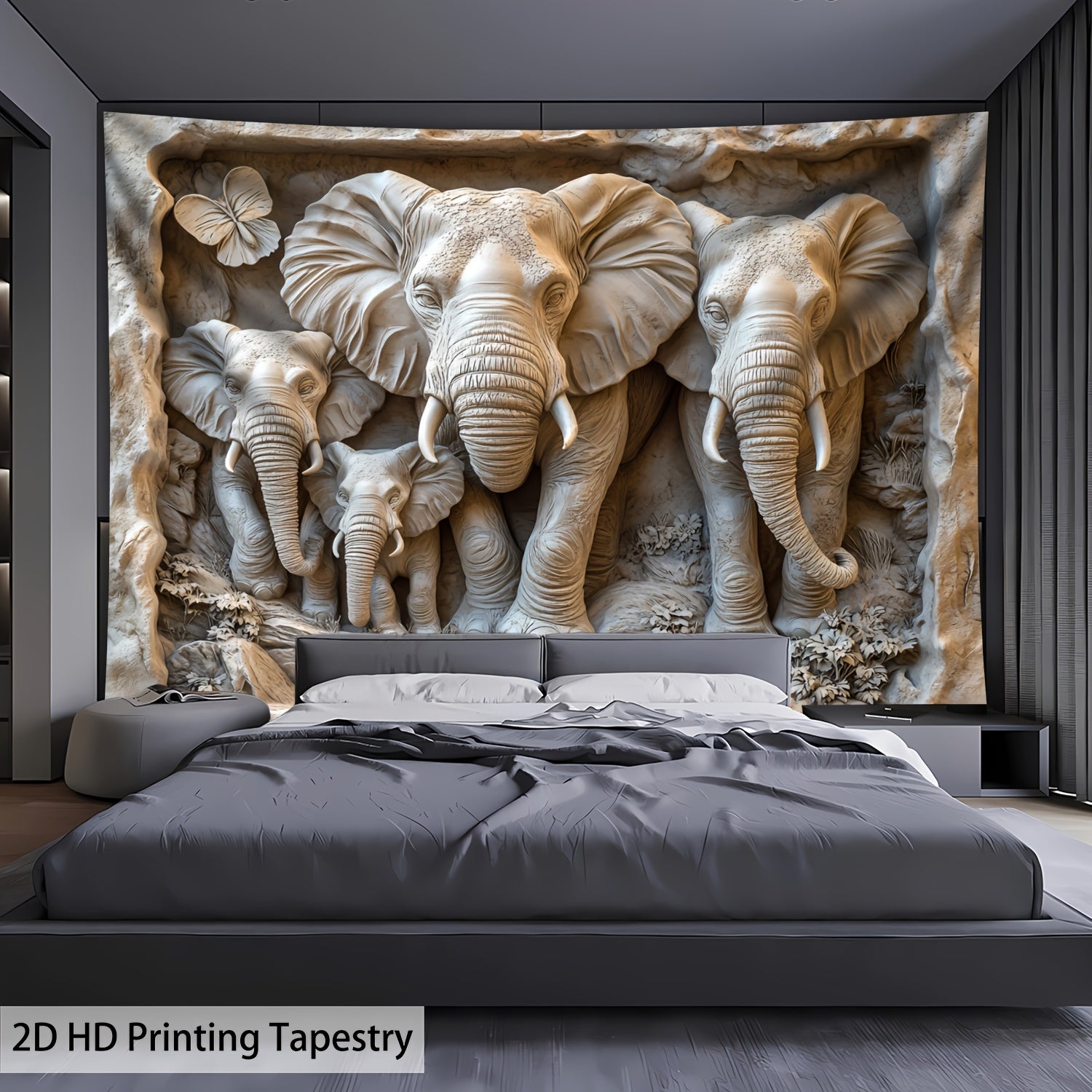1pc Ultra Large Size 2D Flat Tapestry Not Real Stone Carving Elephant Family Group Photo Background Wall Hanging Large Size Polyester Tapestry for Living Room Bedroom Office Home Room Party…