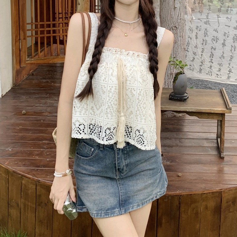 Elegant Hollow-Out Crocheted Lace Camisole – Soft Stretch Fit