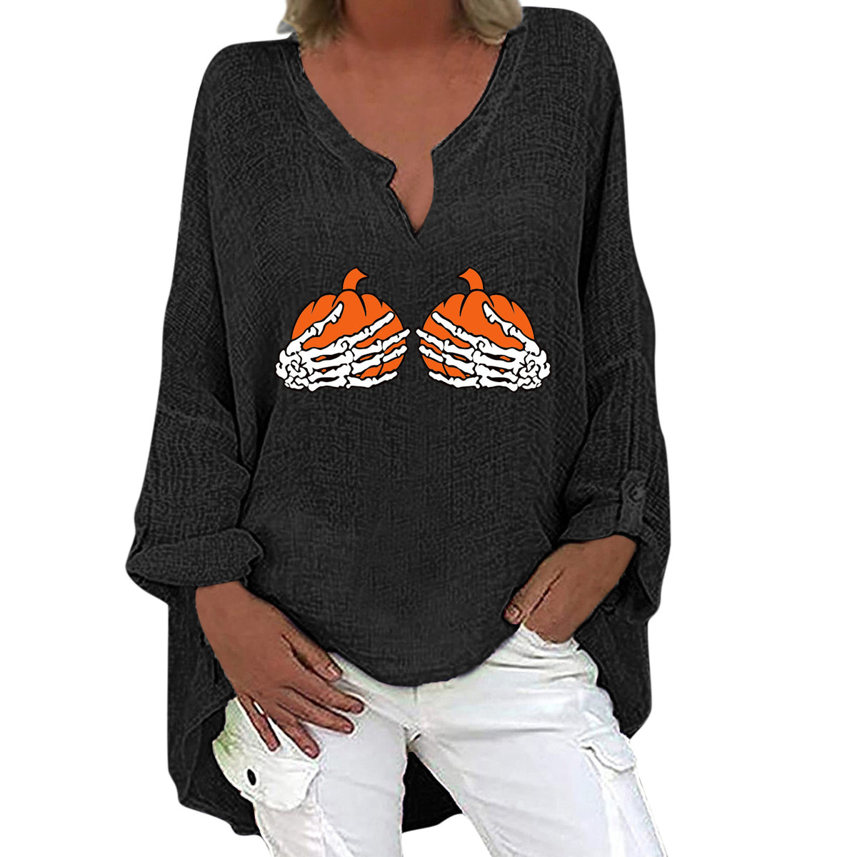 Halloween V-Neck Cotton Linen Long Sleeve Shirt