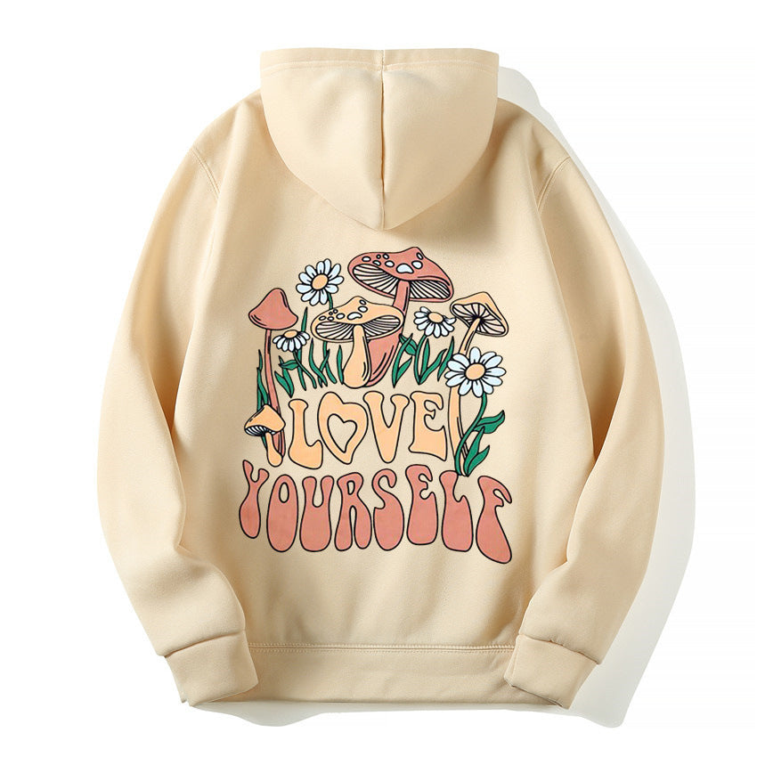 Plus Size Cute Mushroom Slogan Cozy Pullover Hoodie