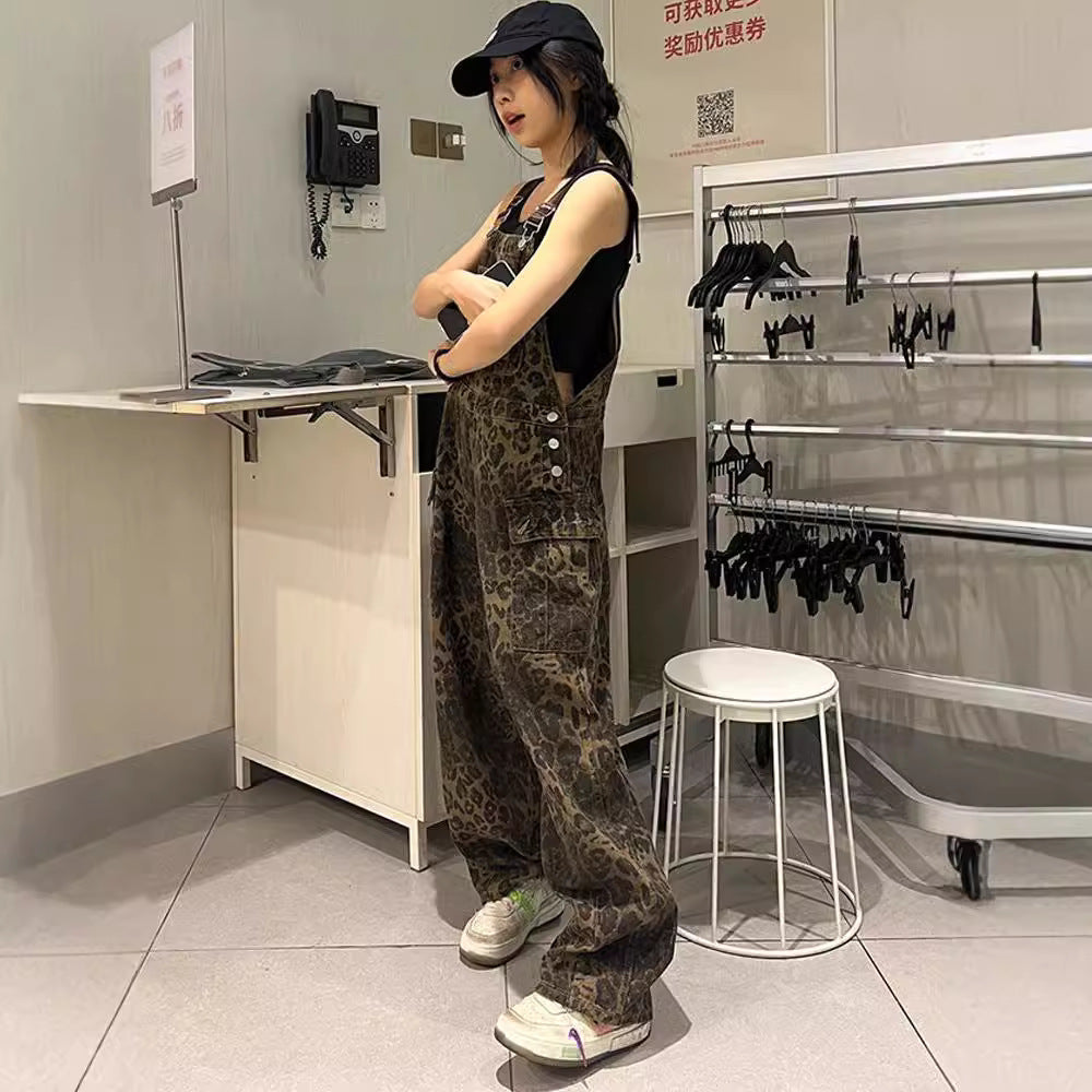 Retro Leopard-Print Denim Overalls For Women