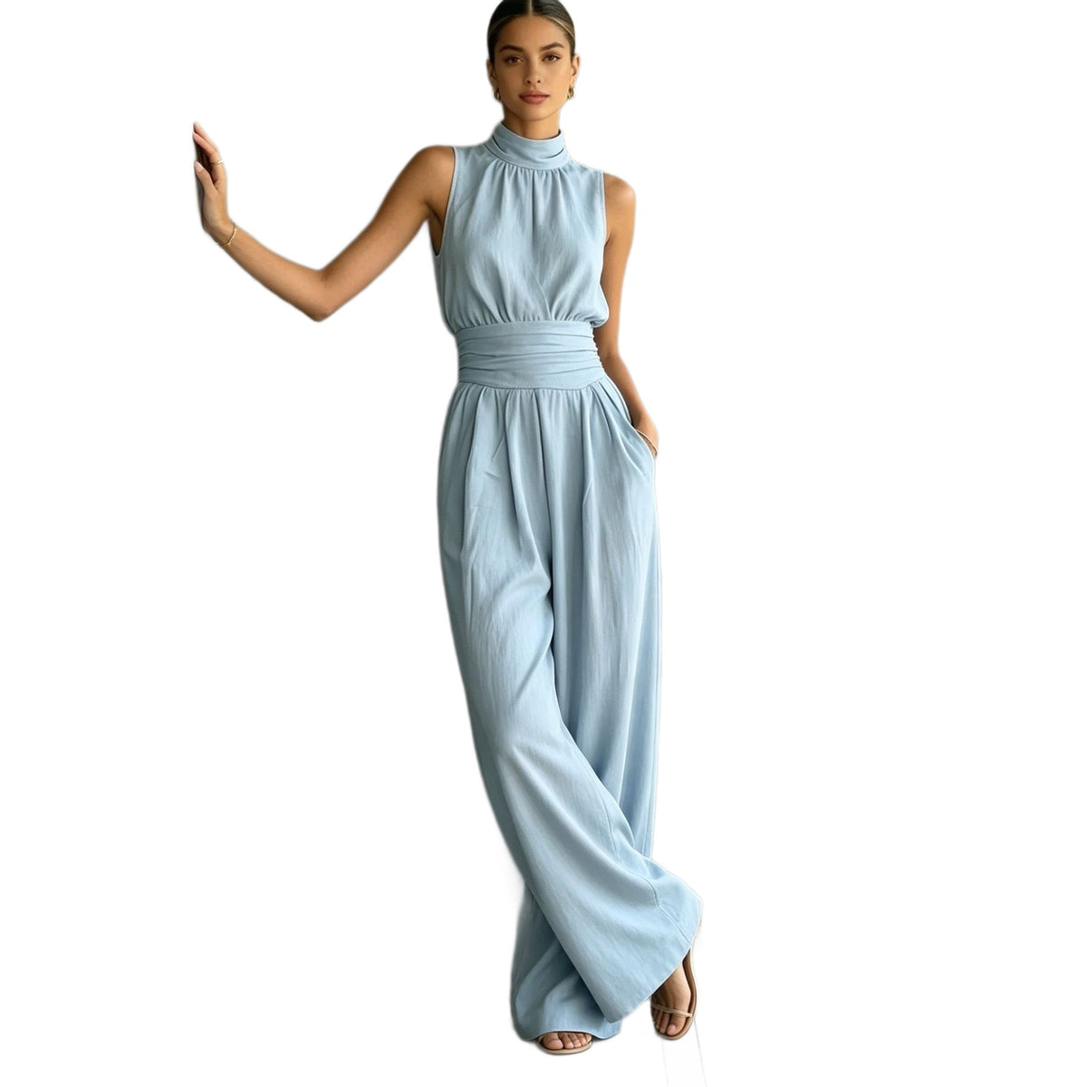Chic Sleeveless Mock-Neck Wide-Leg Casual Jumpsuit