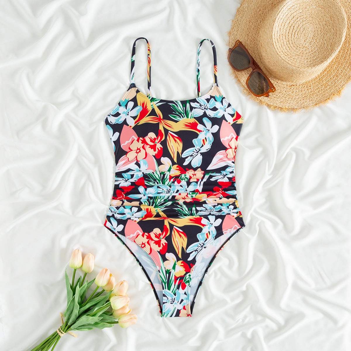 Printed Suspenders Pleated Women's One-piece Swimming Suit