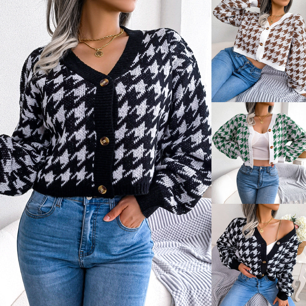 Chic Check Lantern Sleeve V-Neck Cardigan Sweater