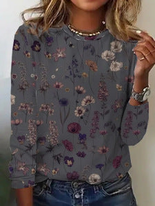 Gradient Floral Print Long Sleeve Round Neck Top