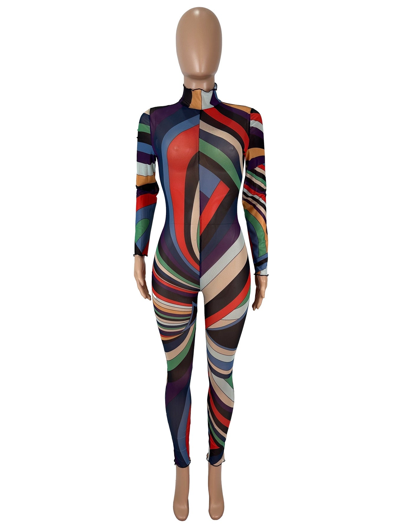 Women's Sexy Printed See-Through Long Sleeve Mesh Jumpsuit