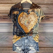 Boho Heart V-Neck Tee – Yellow, Short Sleeve, Trendy Comfort