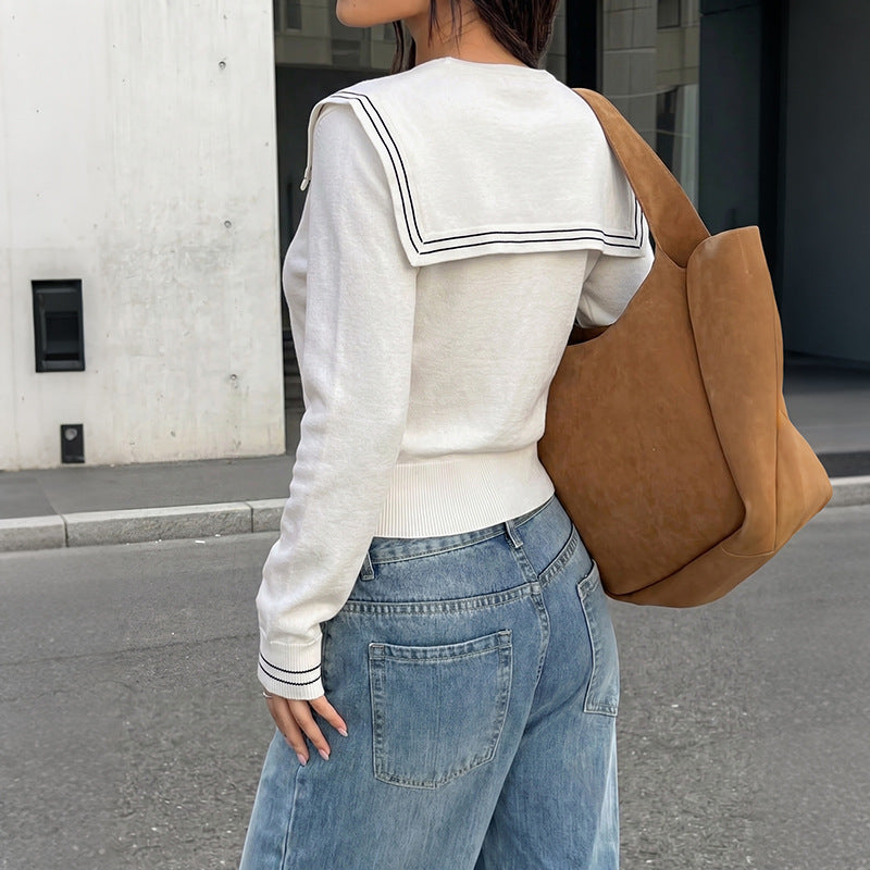 Womens Lapel-trim Striped Lace-up Sweater
