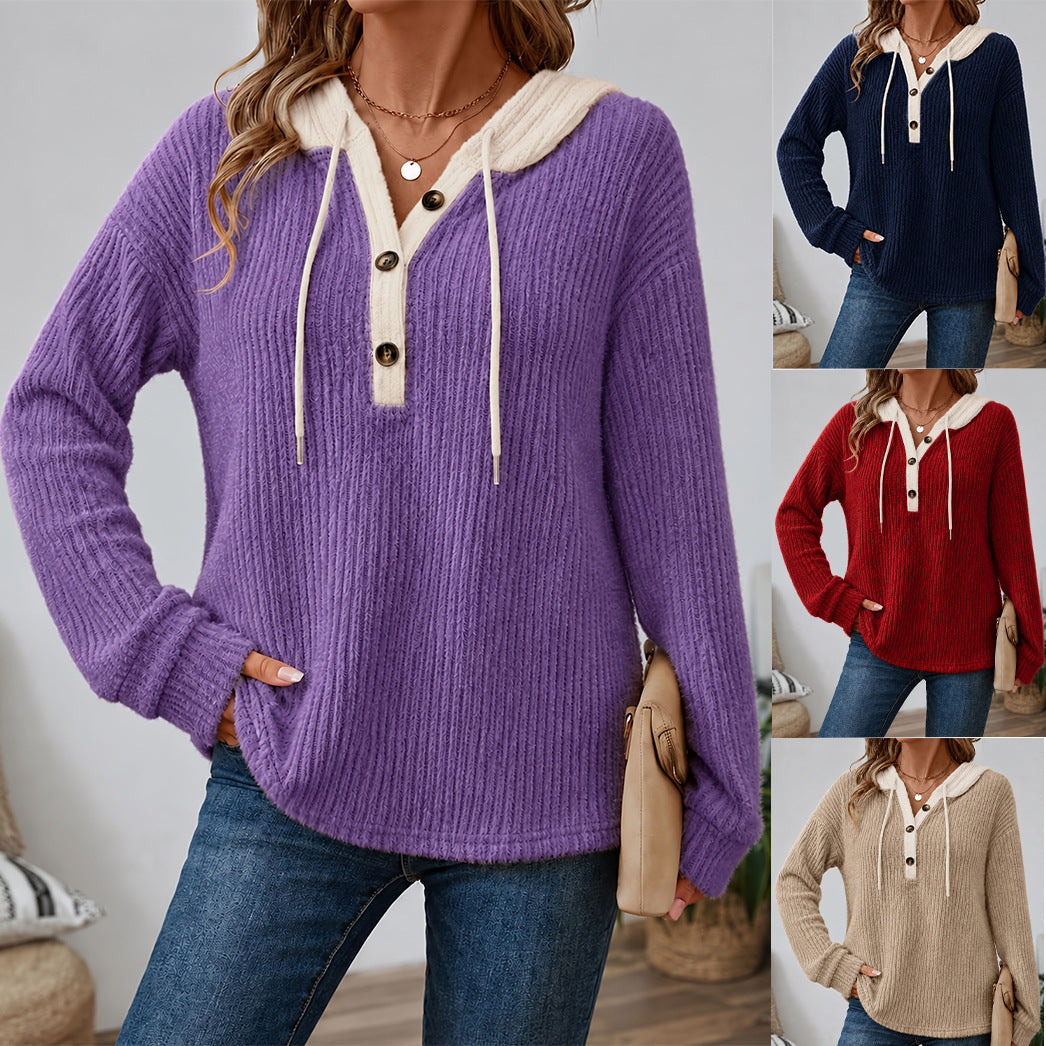 Loose-fit V-neck Buttoned Hooded Casual Womens Top with Drawstring