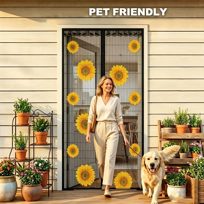 Magnetic Screen Door, Sunflower Print Mesh Curtain with Lace Edge, Hands-free Self-closing Insect Mosquito Net, Keep Bugs Out Pet Friendly, Fits Single Door for Home Patio Kitchen Doorway