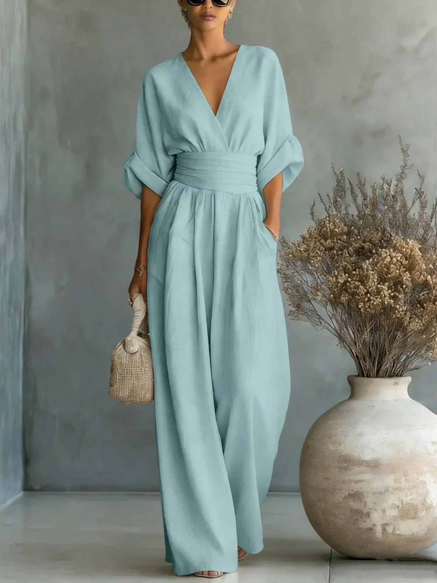 Women's Casual V-Neck Wide-Leg Summer Jumpsuit