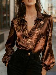 Women's American Retro Print Collared Long Sleeve Loose Satin Shirt