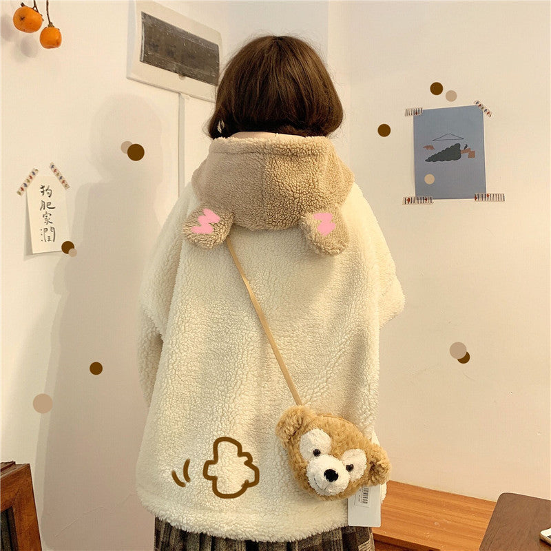 Cute Bear Ear Lamb Wool Winter Cardigan