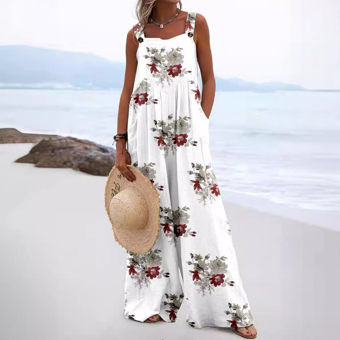 Chic Digital Print Button Romper with Wide Legs