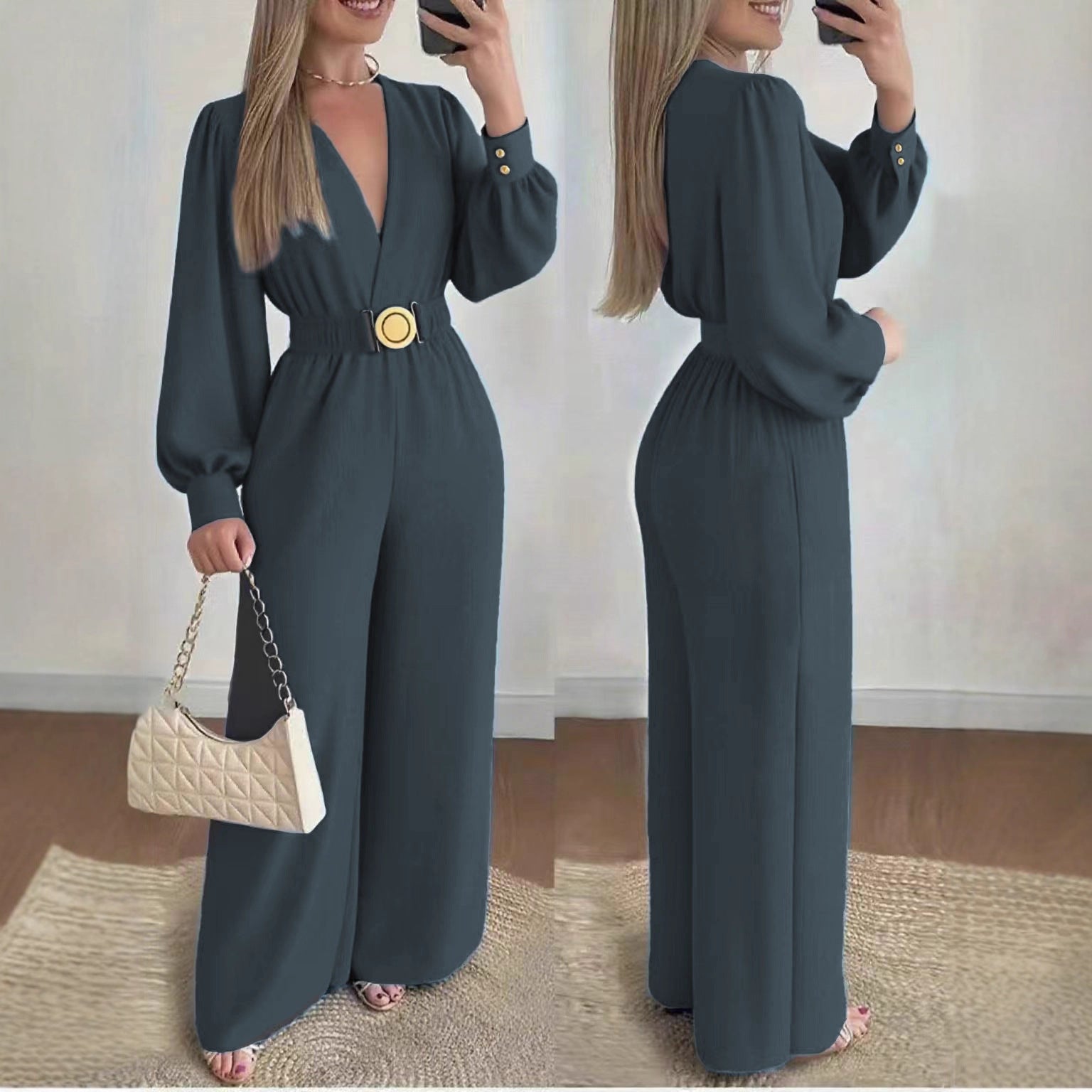 Elegant Deep V-Neck Slim-Fit Long Sleeve Jumpsuit