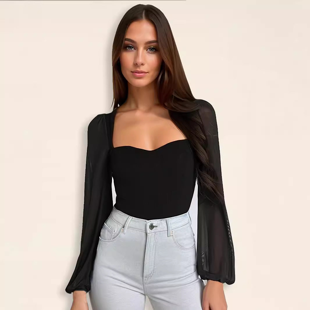 Sexy Fashionable Patchwork Mesh Lantern-Sleeve Jumpsuit For Women