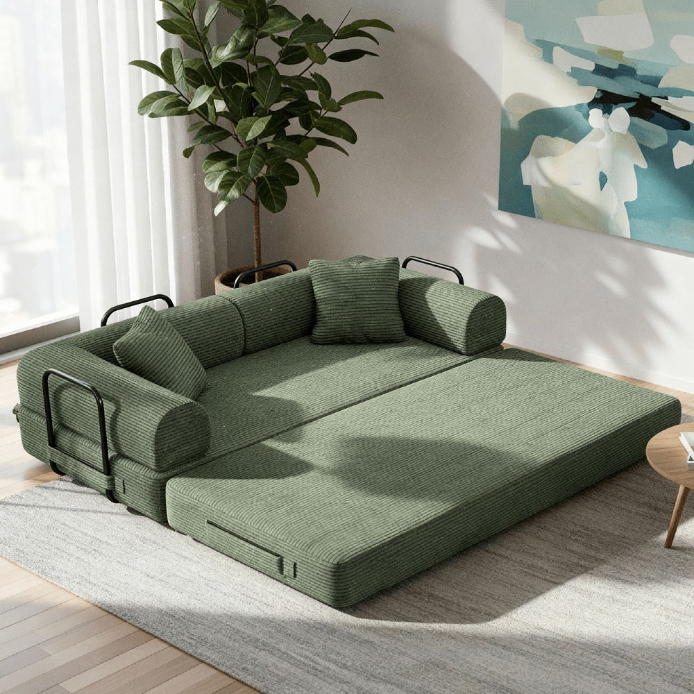 Modular L-shaped chaise longue sofa bed with deep seat and corduroy upholstery