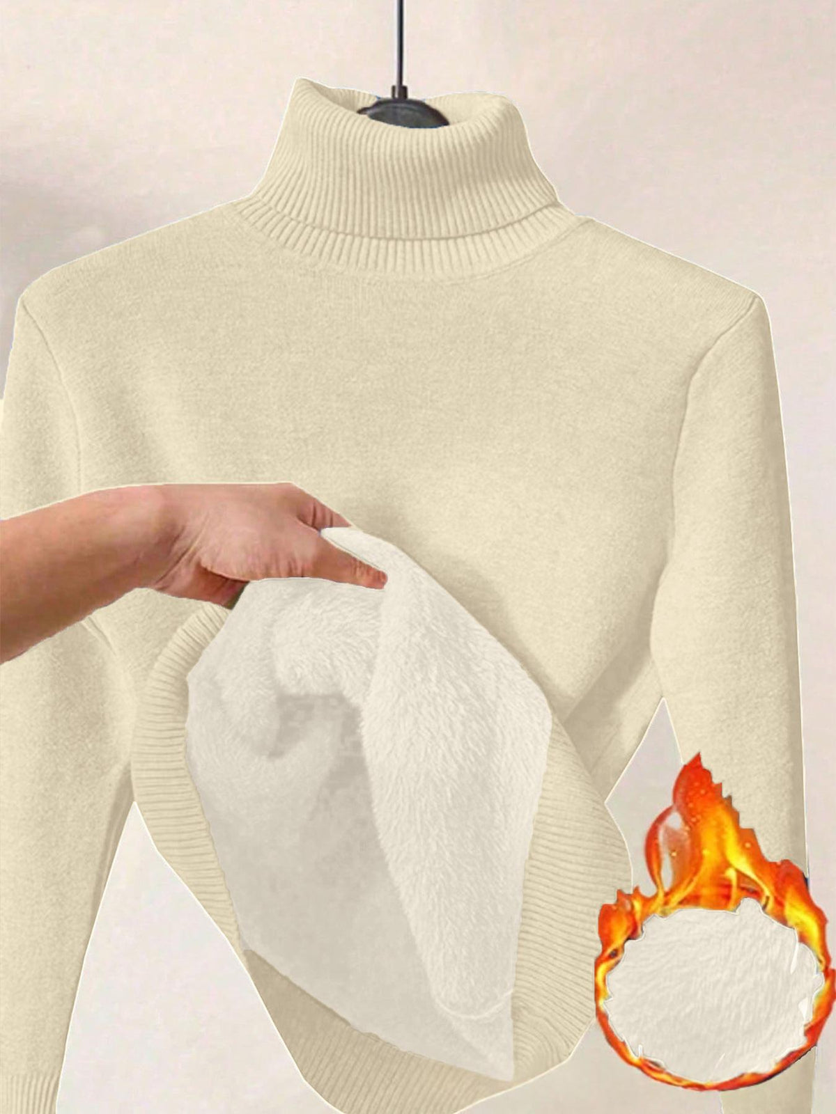 Womens Solid-color Thermal Turtleneck Fleece-lined Sweater