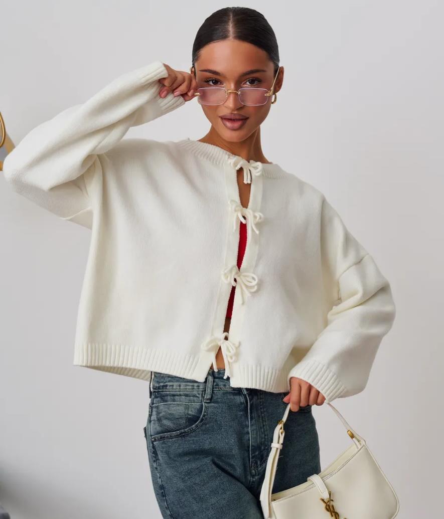 European and American European and American Leisure Loose Cardigan Lace-up Solid Color Knitted Sweater for Women