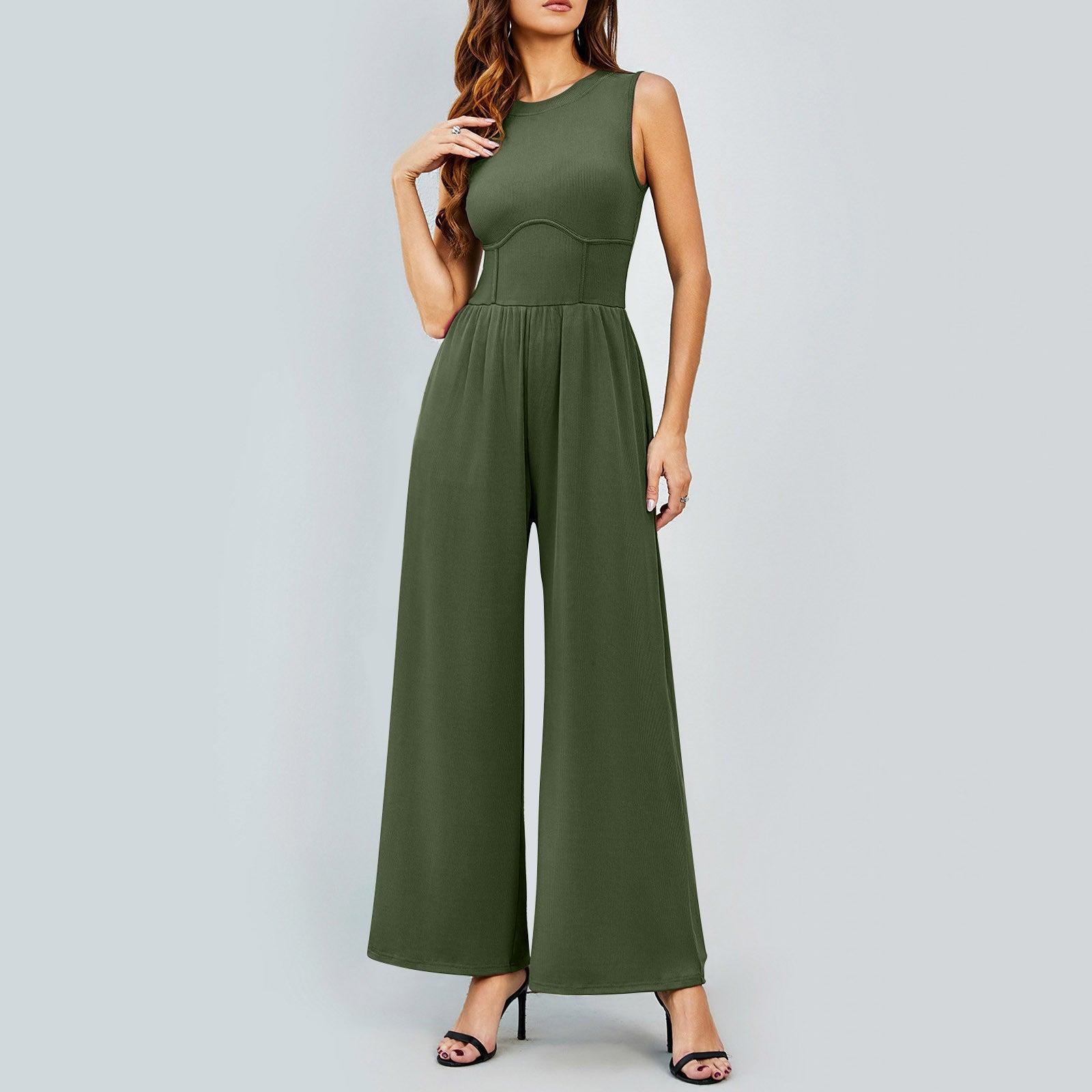 Womens Round-neck Solid-color Sleeveless Slim-fit Long Casual Jumpsuit
