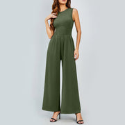 Womens Round-neck Solid-color Sleeveless Slim-fit Long Casual Jumpsuit