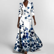 Elegant and Sophisticated V-neck Printed Lace-up Dress with a Full Skirt