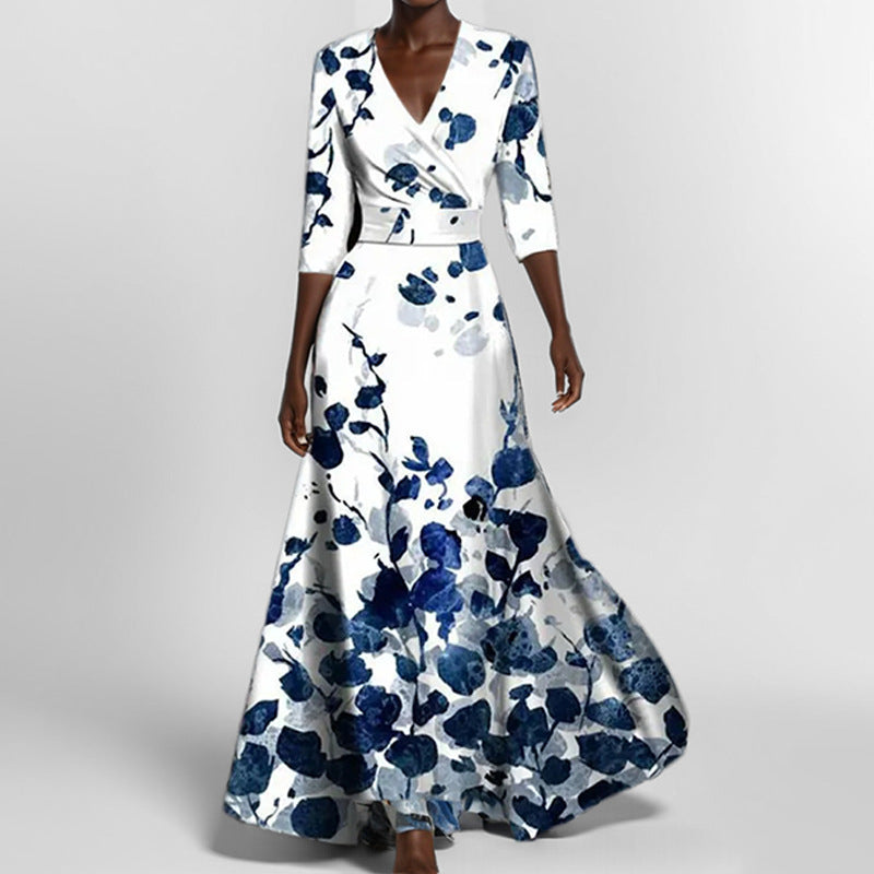 Elegant and Sophisticated V-neck Printed Lace-up Dress with a Full Skirt