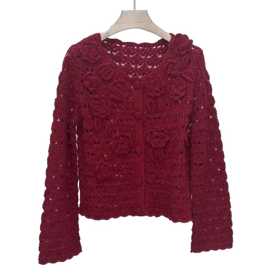 Angolan Red Rose 3d Crochet Hollow-out Vintage Knitted Cardigan Sweater